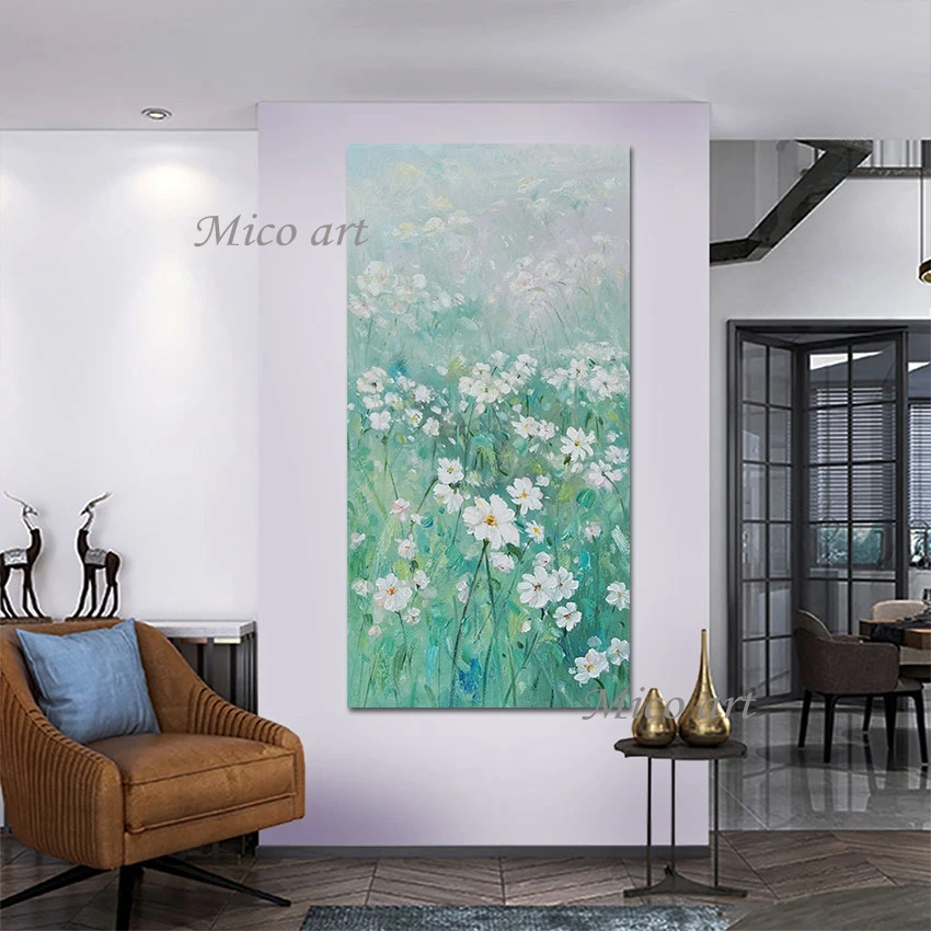 

Искусство настенных картин большой гостиной, картина с белыми цветами на холсте, абстрактная картина с Луг без рамы, природный пейзаж