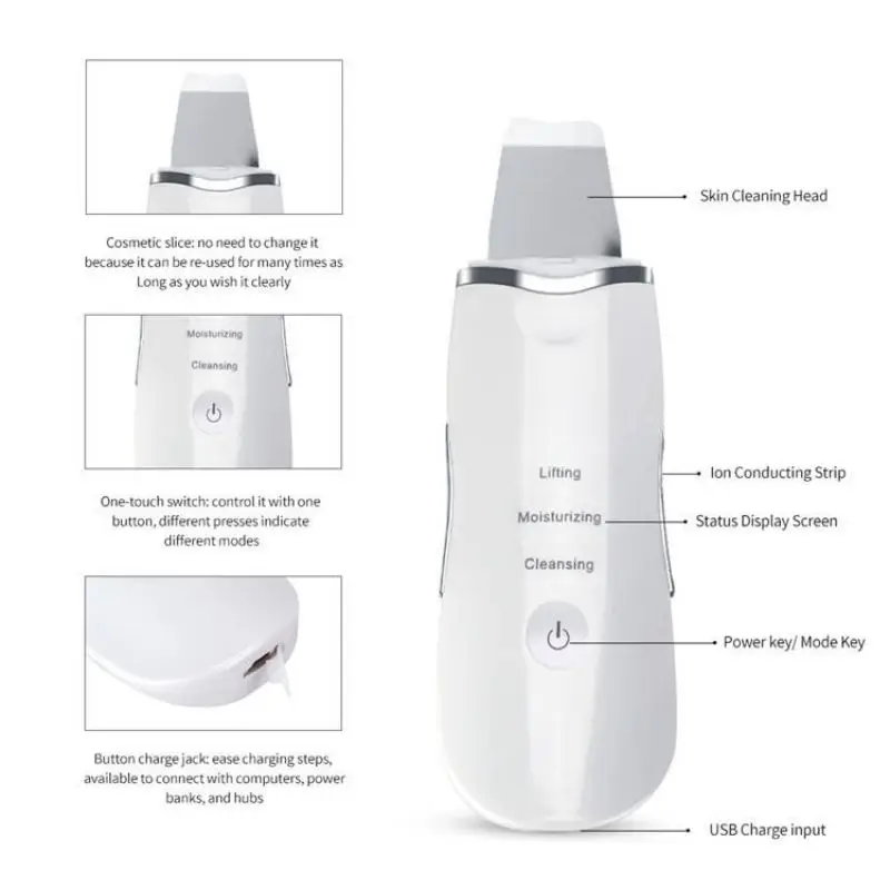 Ultrasonic Scrubber Deep Face Cleaning Machine Scrubs USB Charging Electric Skin Massager Device Cleanser Peeling Cleaner Tools