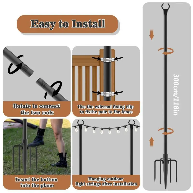 String Light Stand 2X Garden Light Poles Metal String Yard Poles Lawn Garden Heavy Duty Metal Outdoor