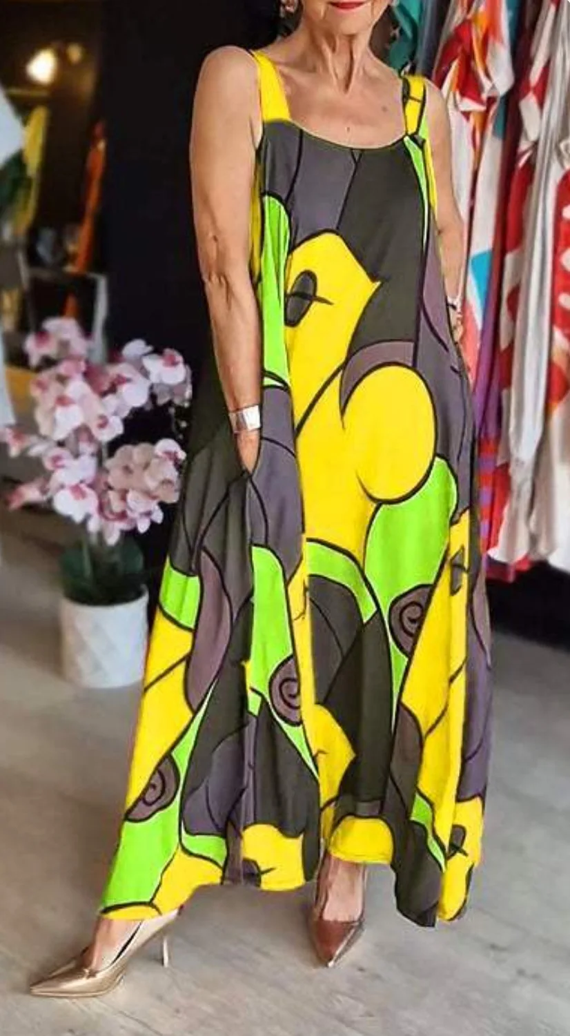 Print Spaghetti Strap Dresses Women Fashion Casual Pocket Loose Long Dress Lady Commuting Clothing Maxi Vestidos 2025 Summer New