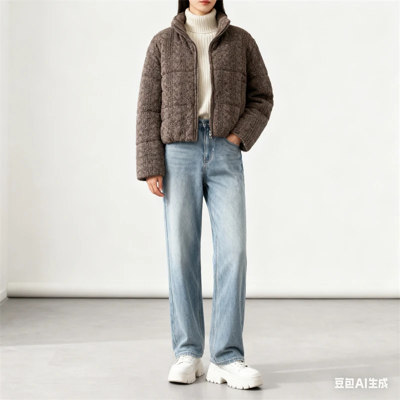 Women's Knitted Puffer Jacket, High Neck Zip-Up Short Coat, Warm Winter Outerwear with Multiple Colors