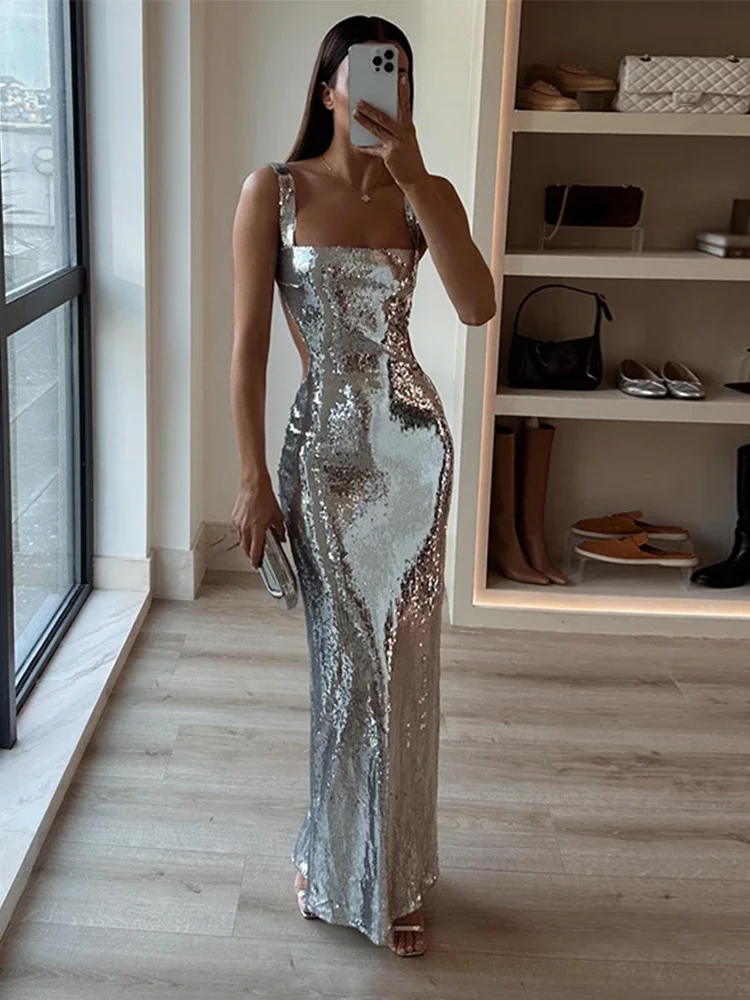 

Sexy Sling Backless Silvery Maxi Dresses For Women Fashion High Waist Bodycon Sleeveless Robes Female Evening Party Vestidos