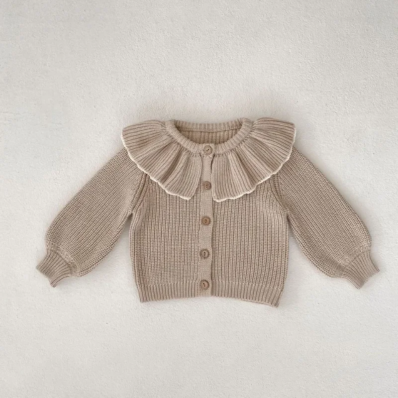 New Autumn 0-3Y Kids Girl Sweater Coat Solid Ruffle Patchwork Round Collar Single Breasted Knitted Tops Baby Cardigan E83272
