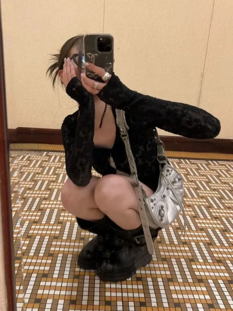 Y2k Aesthetic Lace Jacquard Women's Cardigan + Black Tank Top Harajuku Vintage 2set Japanese Grunge Fashion Pull Femme Mujer 2