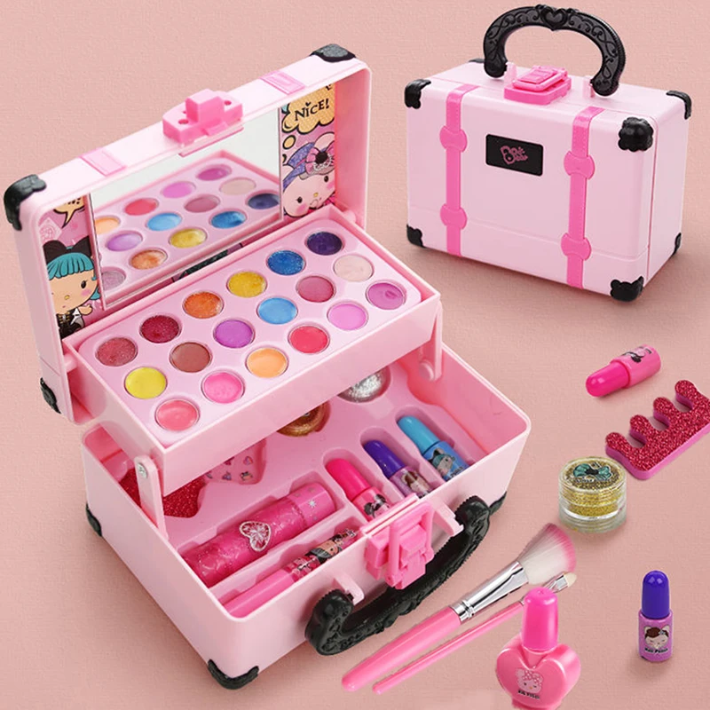 

Washable Girl Makeup Kit For Kids Safe Cosmetics Toys Set Children Makeup Cosmetics Playing Box Play Set Safety Non-toxic Toys