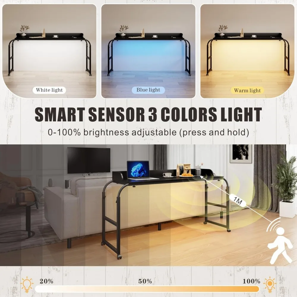 "king-sized rolling laptop desk with adjustable height, charging port, and led light"