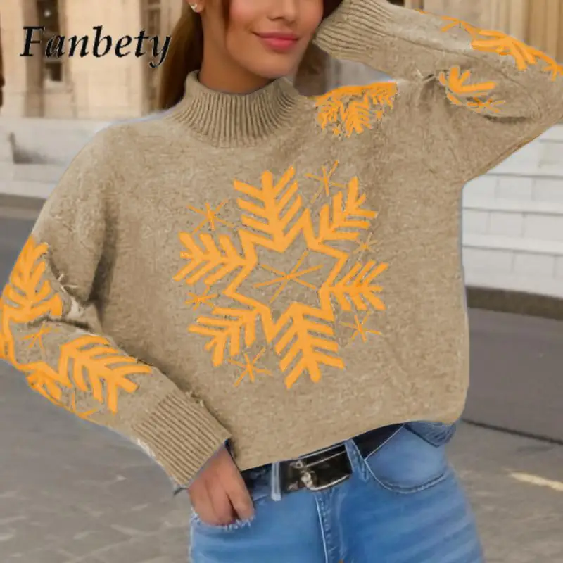 

Fashion Long-Sleeve Commuter Knitted Jumper Women Casual Half-Height Thermal Sweater Winter Christmas Snowflake Print Sweater