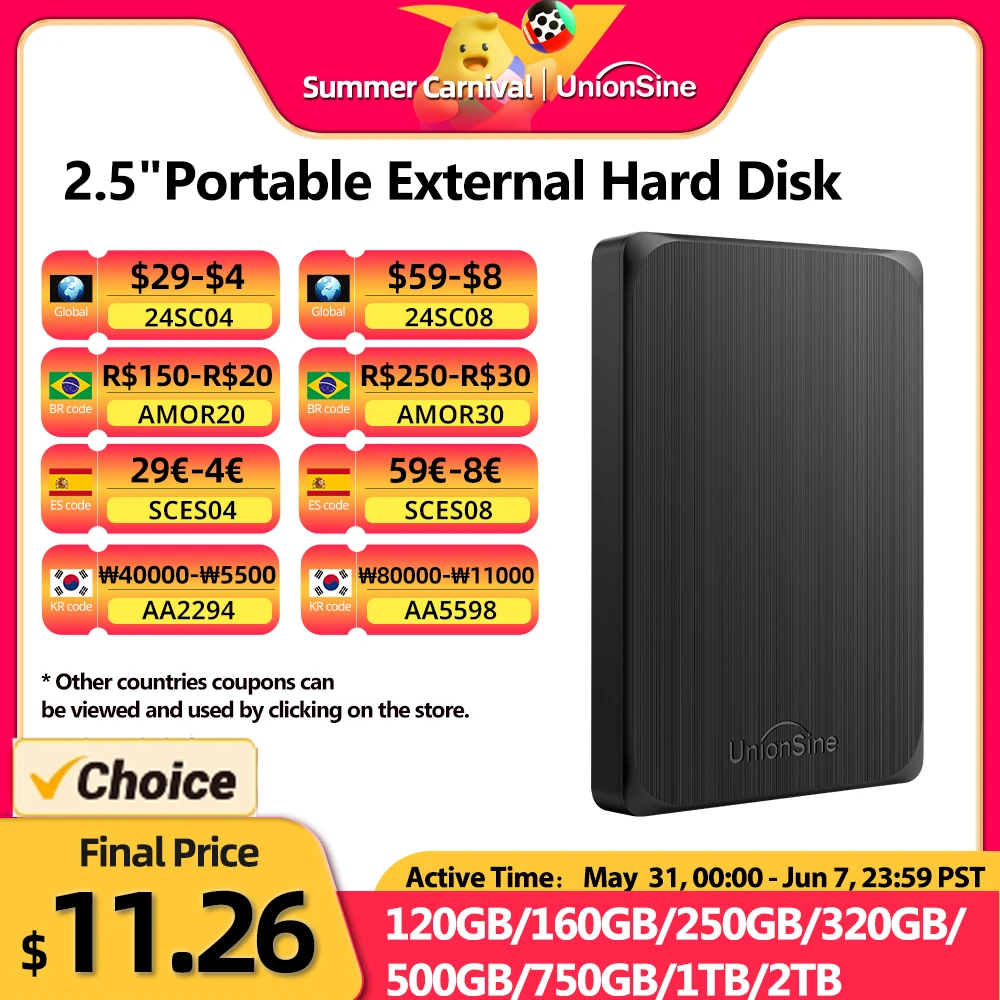 UnionSine HDD 2.5" Portable External Hard Drive 1tb/750gb/500gb/250gb USB3.0 Storage Compatible for PC,Mac,Desktop,MacBook,TV