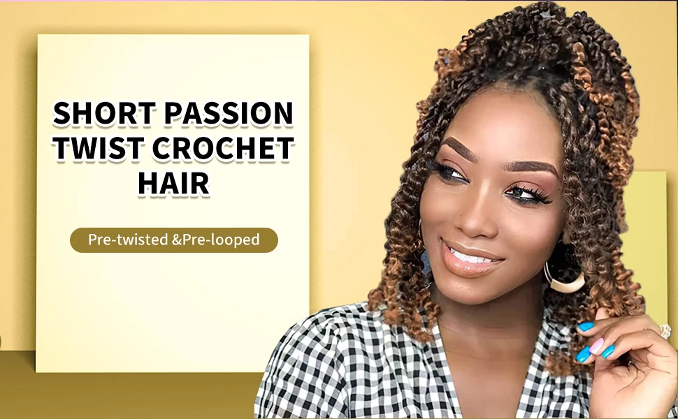 Passion Twist Häkelhaar, 6/8/12/18 Zoll, synthetisches, vorgedrehtes, kurzes Passion Twist-Haar, vorgeschlungene Passion Twist Häkelzöpfe – Detail 1
