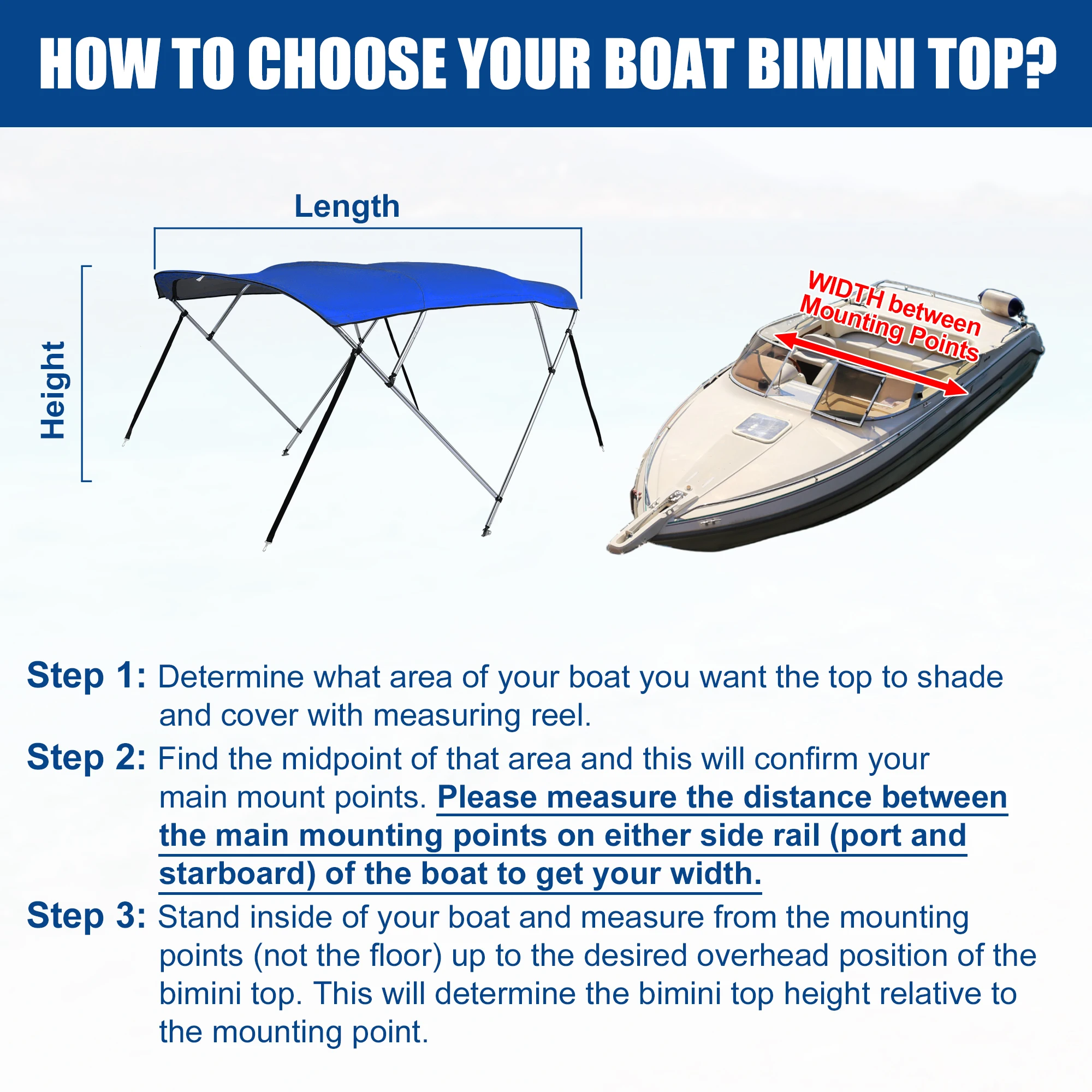 X Autohaux 4 Bow 600D Bimini Top Assembly Deck Hinges Mounting Hardware Storage Boot for Pontoon Boat Awning 8'L x 54"Hx67"-72"W