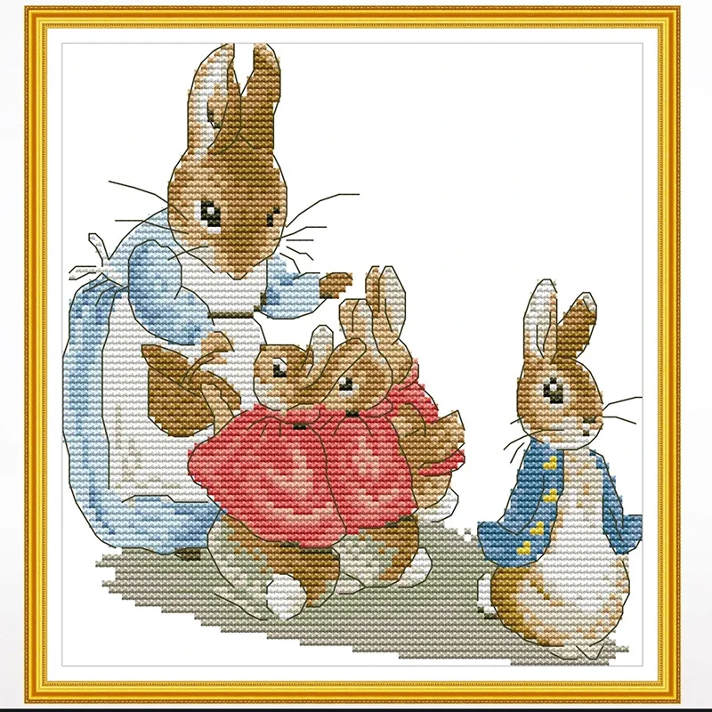 

Rabbit family cartoons cross-stitch living room bedroom hanging painting, 11CT/14CT hand-embroidered