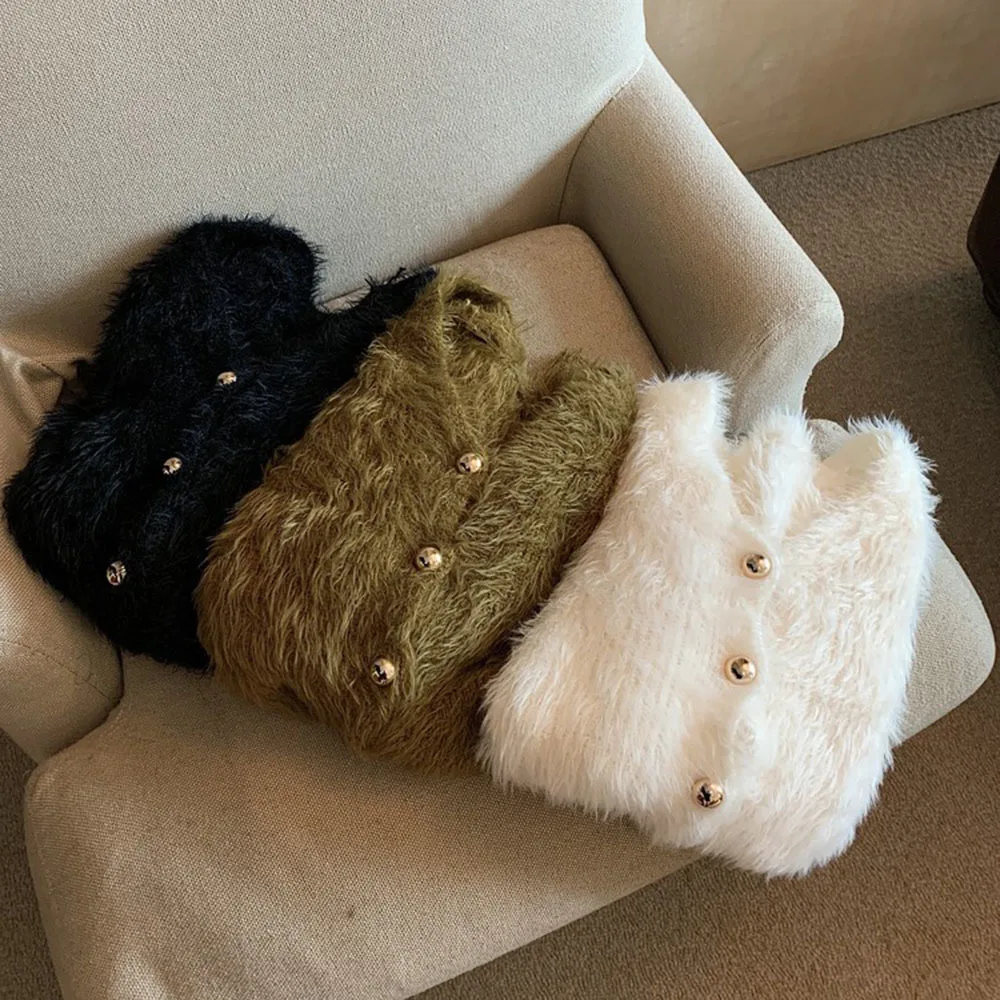 모헤어 니트 가디건 V넥 크롭 화이트 스웨터, 레트로 캐주얼 레이지 오버사이즈 스웨터, 여성용 단색 모피 의류 재킷