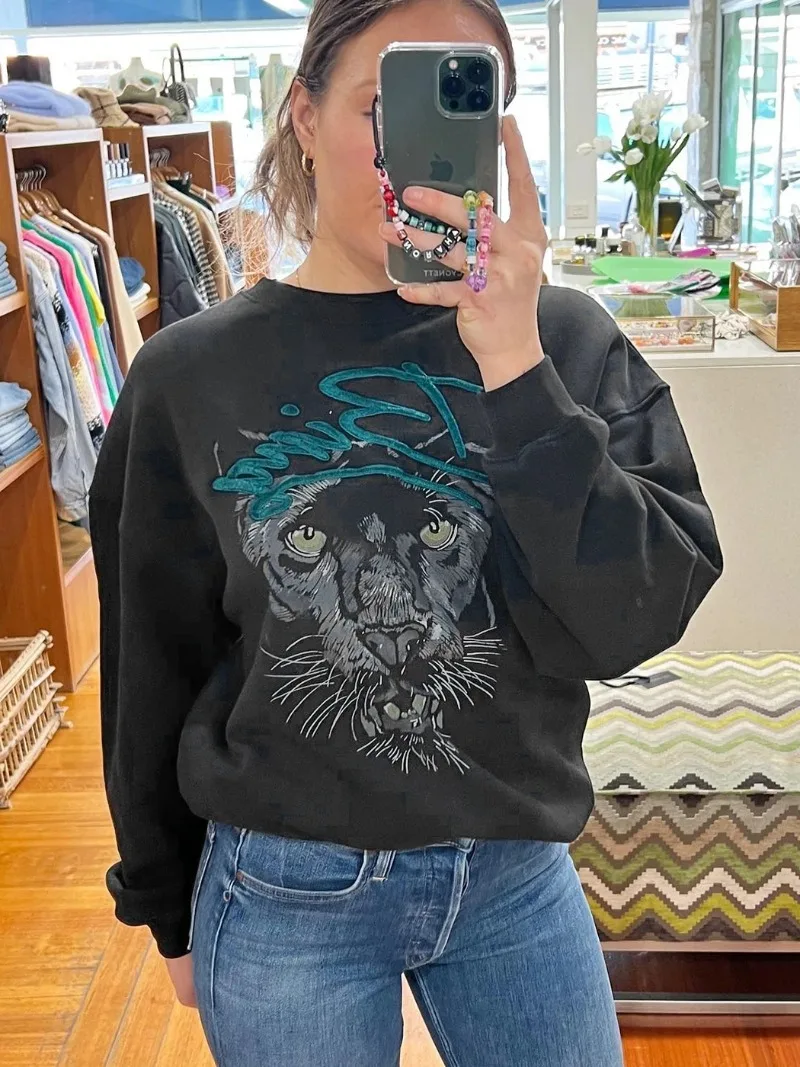 

Superchic black long sleeve sweatshirt women New fashion tiger pattern print pullover sweatshirt loose autumn winter Sweatshirts