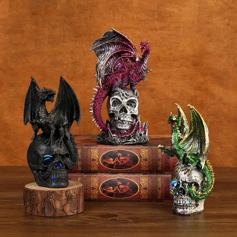 Resin Skeleton Dragon Gothic Figurines Halloween Desk Bookshelf Ornaments Animal Dragon Statue Home Desktop Porch Arts Crafts copper orangutan figurines miniatures home decoration kingkong animal office desk ornaments brass table tea pet crafts gifts