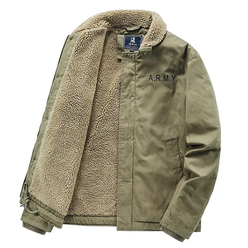 

Lamb Wool Warm Coat Men Winter Thickened Fur Collar Plus Fleece Tooling Bomber Jacket Cotton Retro Off-road Short Jacket Outdoor
