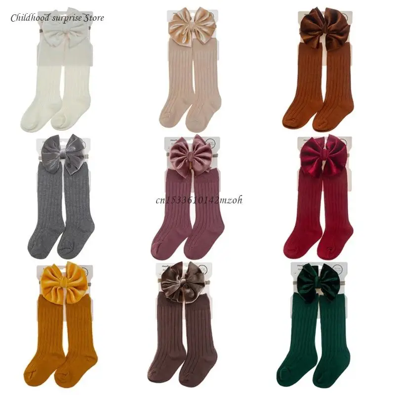 

Baby Girl Socks and Bowknot Headband Gift Set Knee High Socks Cotton Socking for Babies Toddler Infants Baby-shower Dropship