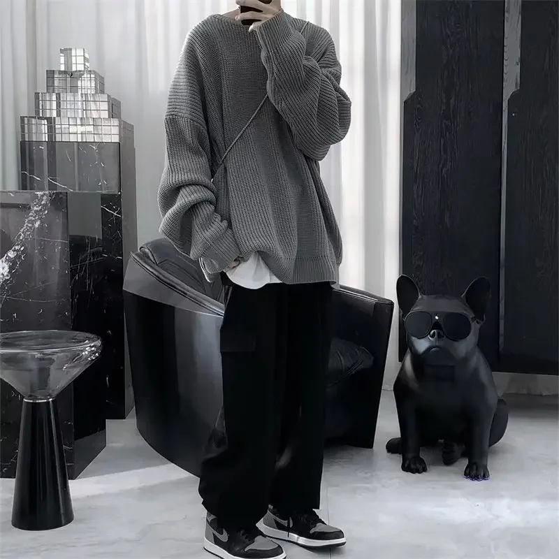 남성용 캐주얼 스타일 단색 스웨터, 일본 빈티지 트렌디 니트 탑, 루즈핏 라운드넥 풀오버, 가을, 겨울, 신상