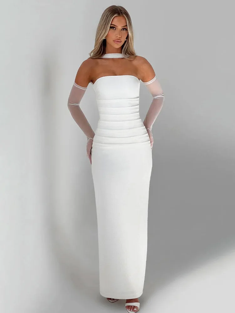 Strapless Backless Sexy Maxi Dress For Women Burgundy Mesh Sleeve Off-shoulder Bodycon Club Party Evening Long Dress