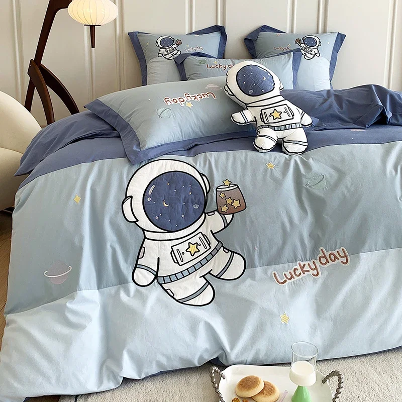 Blue Cute Cartoon Astronaut Embroidery 100% Cotton Boys Bedding Set Single Duvet Cover Set Bed Sheet Pillowcases Gifts For Child