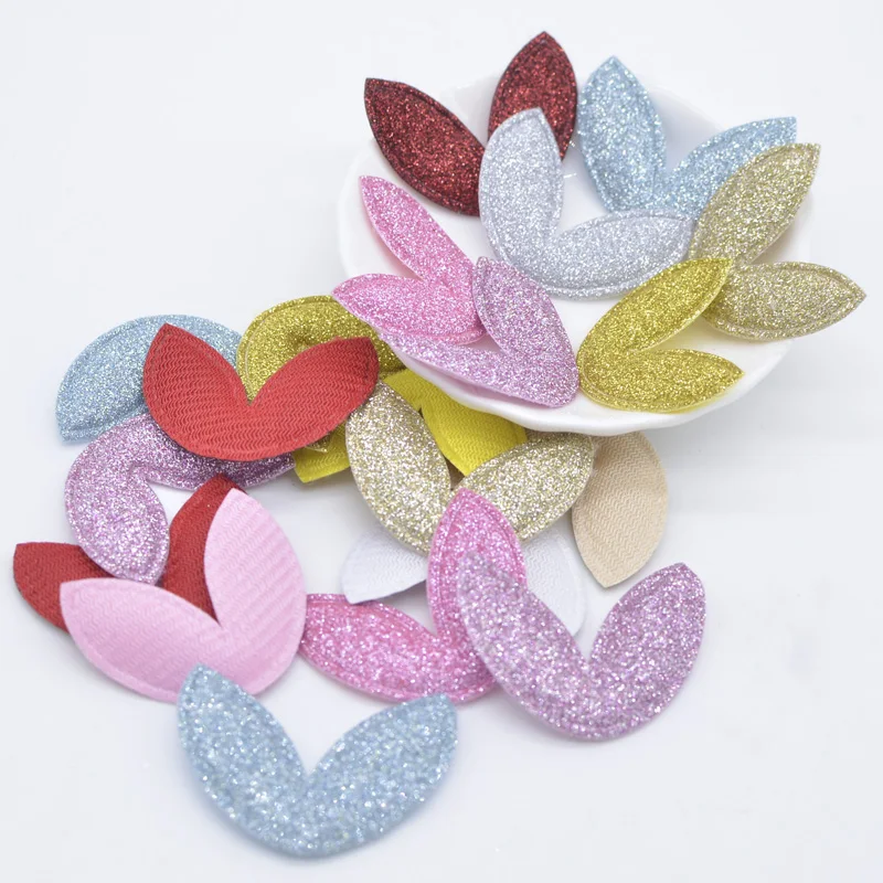 50pcs 36*28mm gepolsterter Glitzer stoff kawaii Hasen ohren Applikation für DIY Hut Handwerk Stick-On Patches Kopf bedeckung Haarnadel Dekor