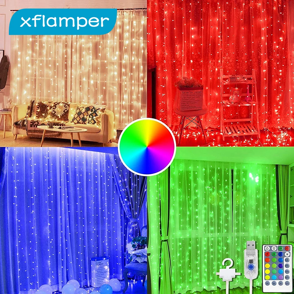 Guirlande lumineuse rideau de fenêtre 3M, RGB, 16 couleurs, 4 Modes