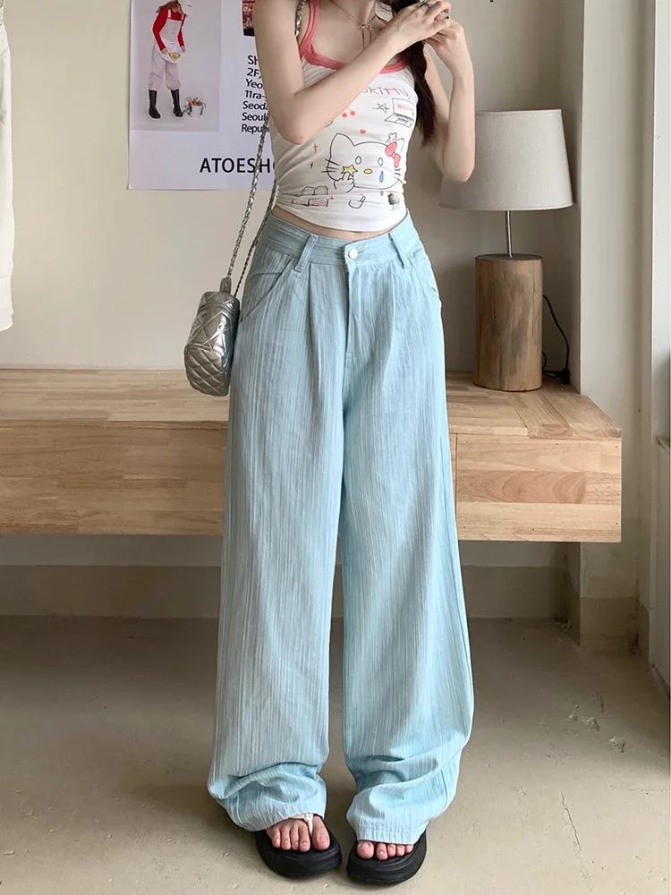 Sommer neue einfarbige schlanke Frauen hellblau hohe Taille Mode Straße gerade Hosen schicke Hosen einfache grundlegende lässige lose Hosen