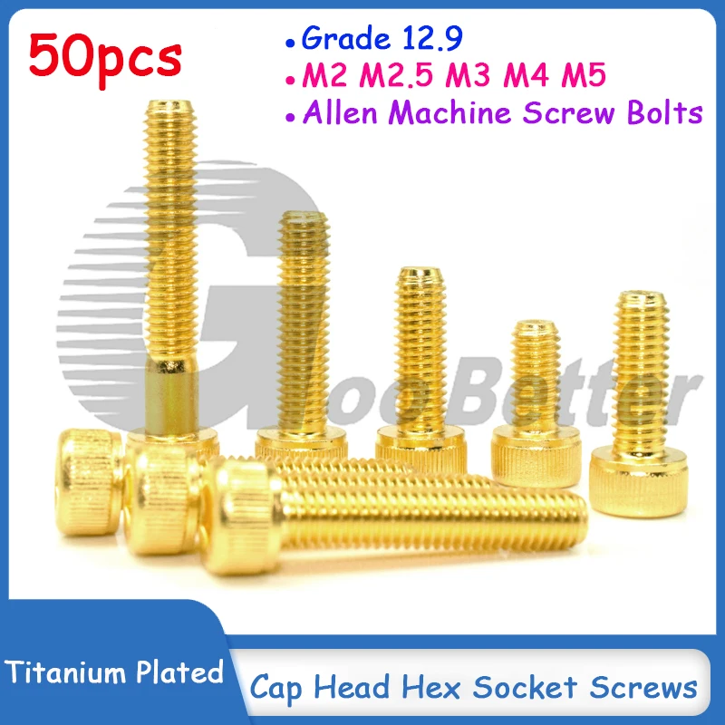 

50pcs Grade 12.9 Cap Head Hex Socket Screws M2 M2.5 M3 M4 M5 Allen Cylindrical Head Machine Screw Bolts Titanium Plated