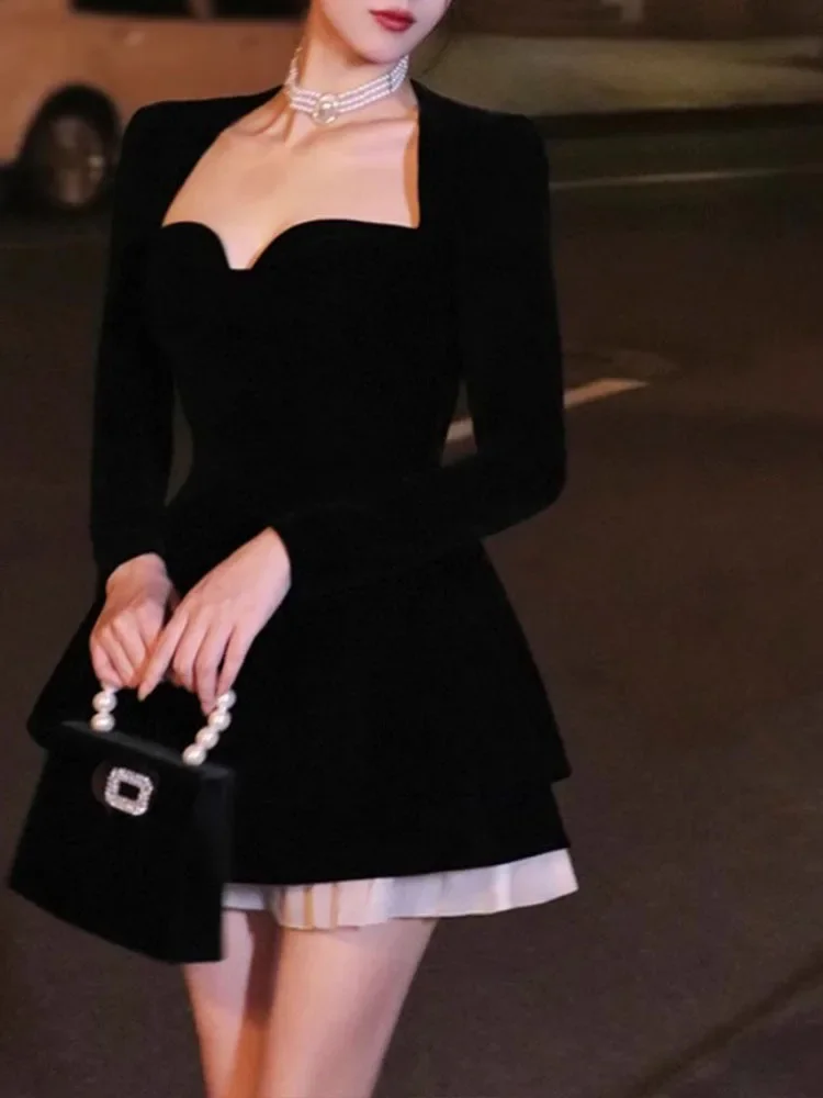 

Elegant Dresses for Women Long Sleeve French Style Vintage Dress Party Slim Mini Solid 2023 New Autumn Winter Dress