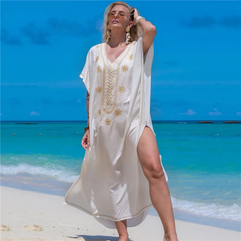 Loose Gold Embroidered Kaftan Long Black Tunic Loose Maxi Dress Women Summer Beach Wear Swim Suit Bikini Cover Up