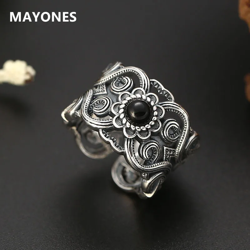 

S925 Sterling Silver Vintage Thai Silver Inlaid Black Agate Ring Men and Women Hollow Pattern Wide Couple Rings Silver Ring