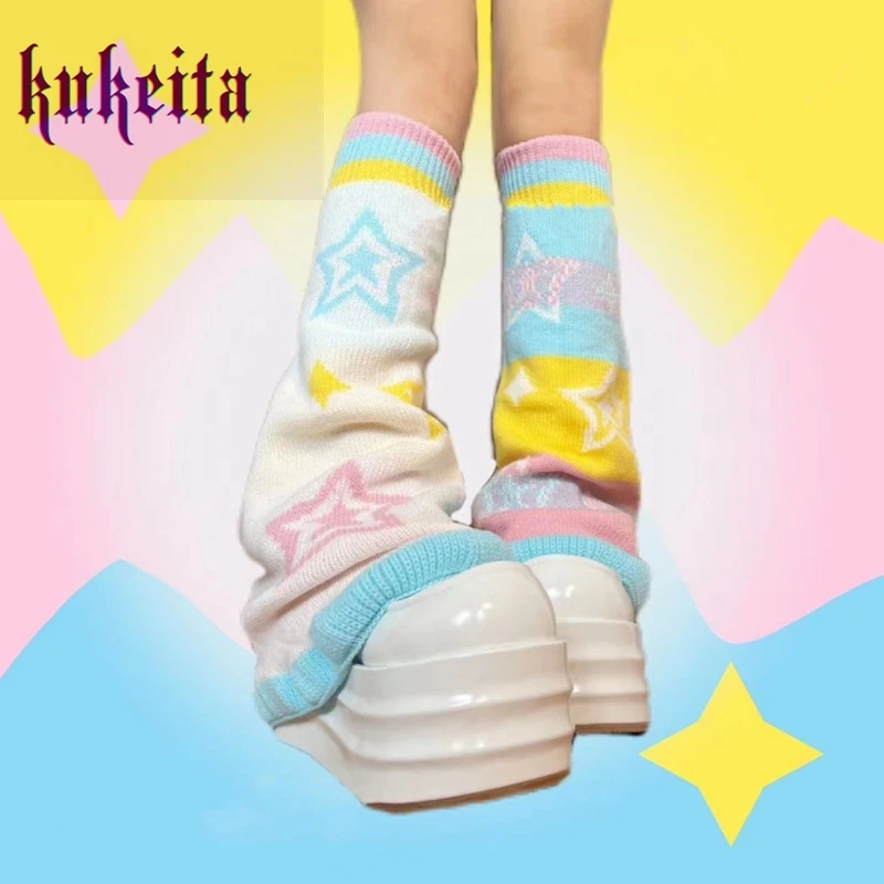 Kukeita Harajuku Candy Color Striped Star Leg Warmer Socks Y2K Girls Japanese Kawaii Knitted Leg Cover Streetwear