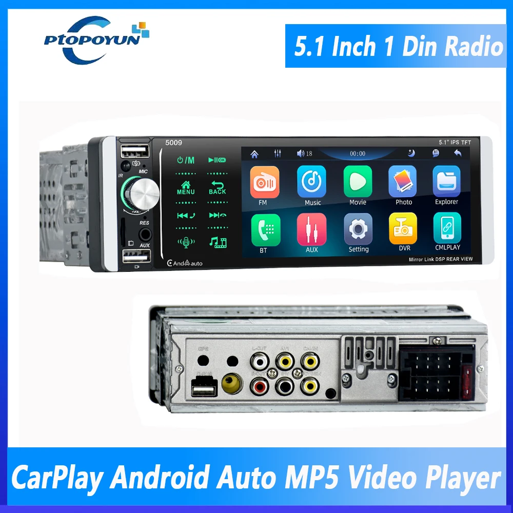 

Ptopoyun 1 Din Carplay Radio Car Bluetooth Autoradio MP5 Player 5.1 Inch FM Audio Stereo Receiver IPS Touch Screen Mirror link