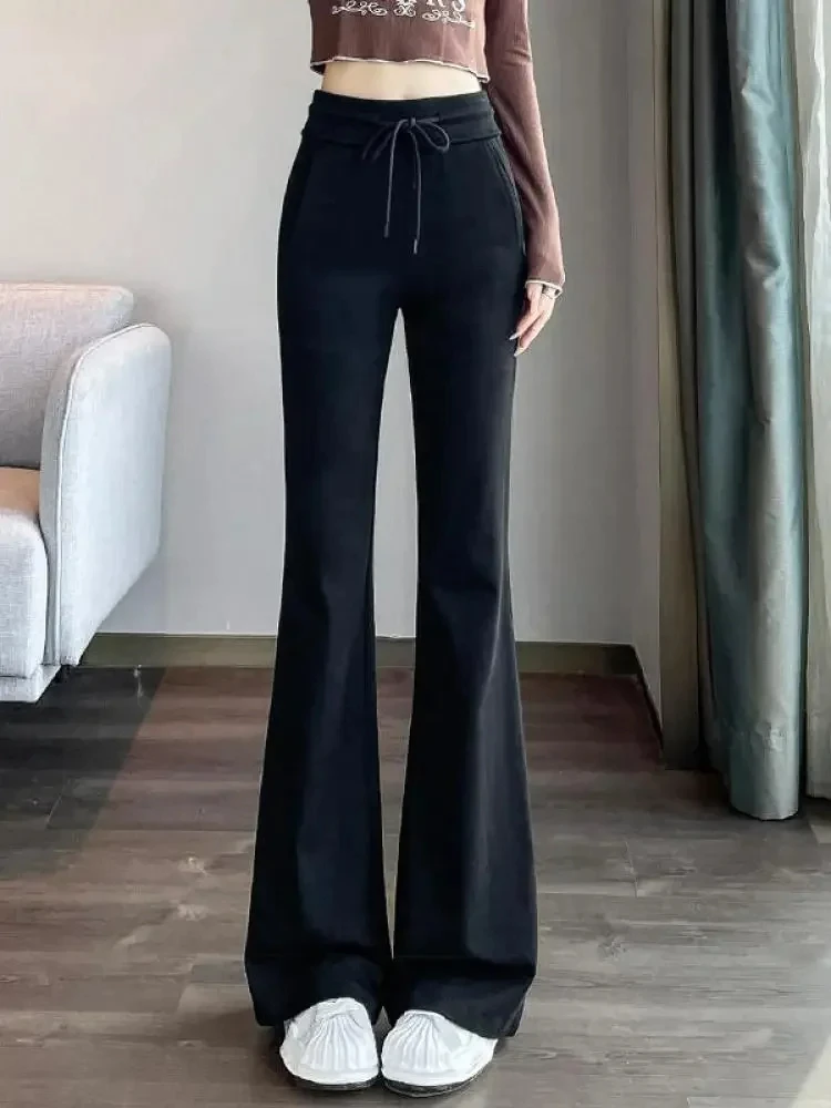 

2024 Women's Black Long Pants Slim Bell-bottoms High Waist Autumer Winter Korean Fashion Gray Casual Drawstring Bandage Trousers