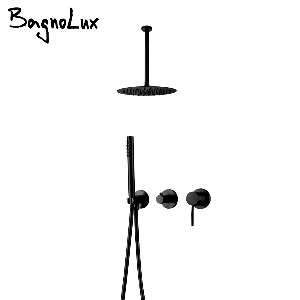 Matte Black Shower Faucet 8-12'' Shower Head Bathroom Recessed Box Shower Tap Ceiling Arm 2 Ways Control Switch Shower Mixer 2