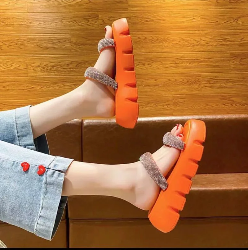 

Ladies Slippers Summer New Fashion Sequin Open Toe Shoes Flat Heel Platform High Heels Outdoor Lightweight Casual Beach Sandals