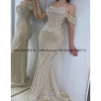 Bead String Off the Shoulder Mermaid robes de soirée Floor-Length Draped Party Evening Dresses  Wedding Dress customized 1