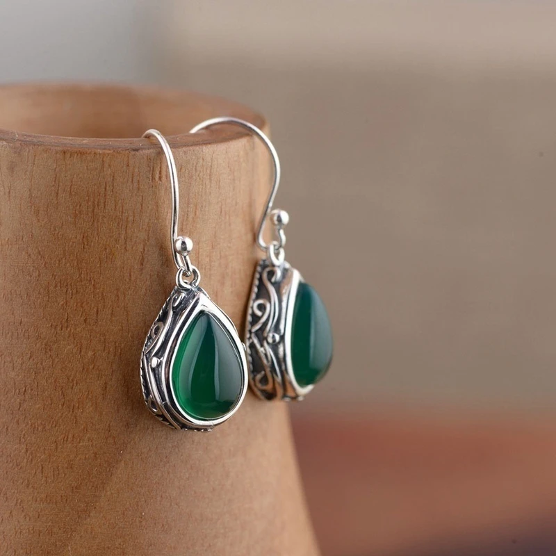 Huitan Waterdrop Red/Green Stone Dangle Earrings for Women Newly Designed Vintage Silver Color Female Daily Wear 2023 Jewelry