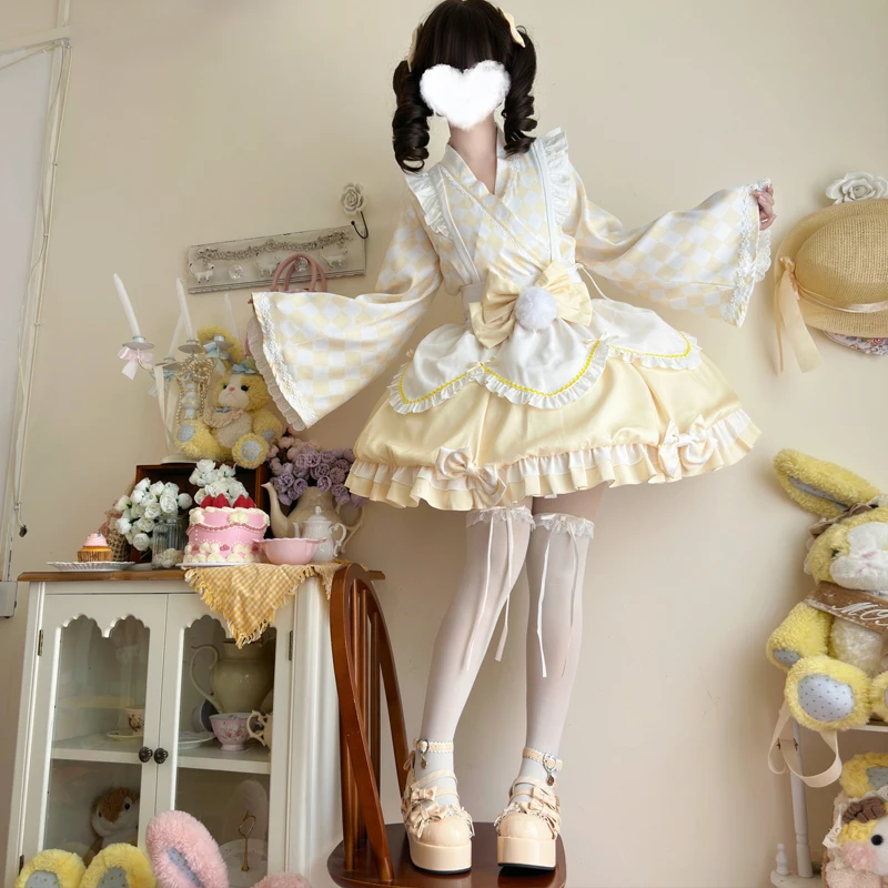 Japanese Sweet Lolita Kimono Maid Dress Women Kawaii Animation Show Halloween Cosplay Costumes Girl Anime Role Play Unifrom Set