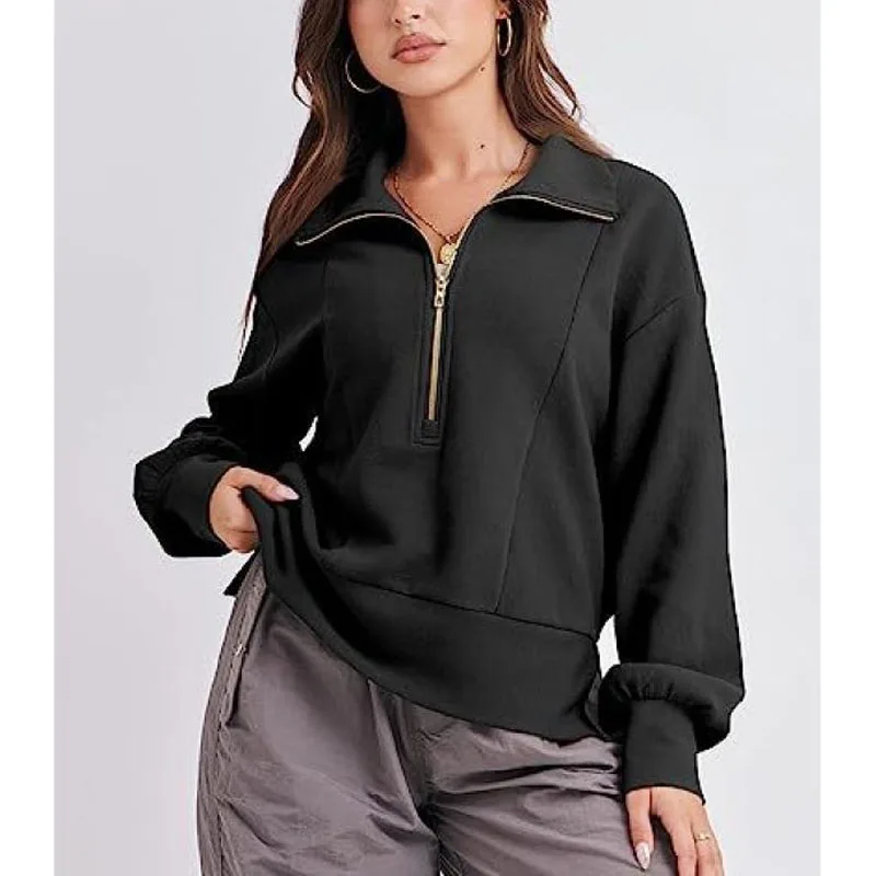 2023 New Autumn Fashion Loose Fitting Half Open Neck Patchwork Sweater Temperament Commuting Women's Casual Zipper Long Sleeves