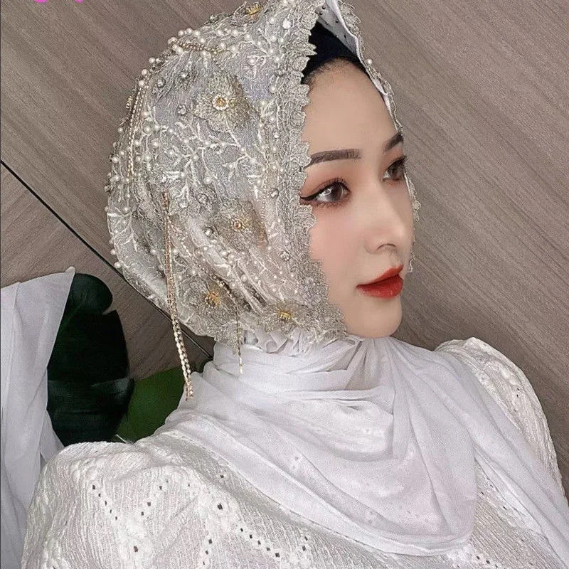Luxury Muslim Wedding Hijab Scarves Embroidery Turban Hats Tassel Caps Malay Head Wrap For Women Beanie Dubai Islamic Head Scarf 4