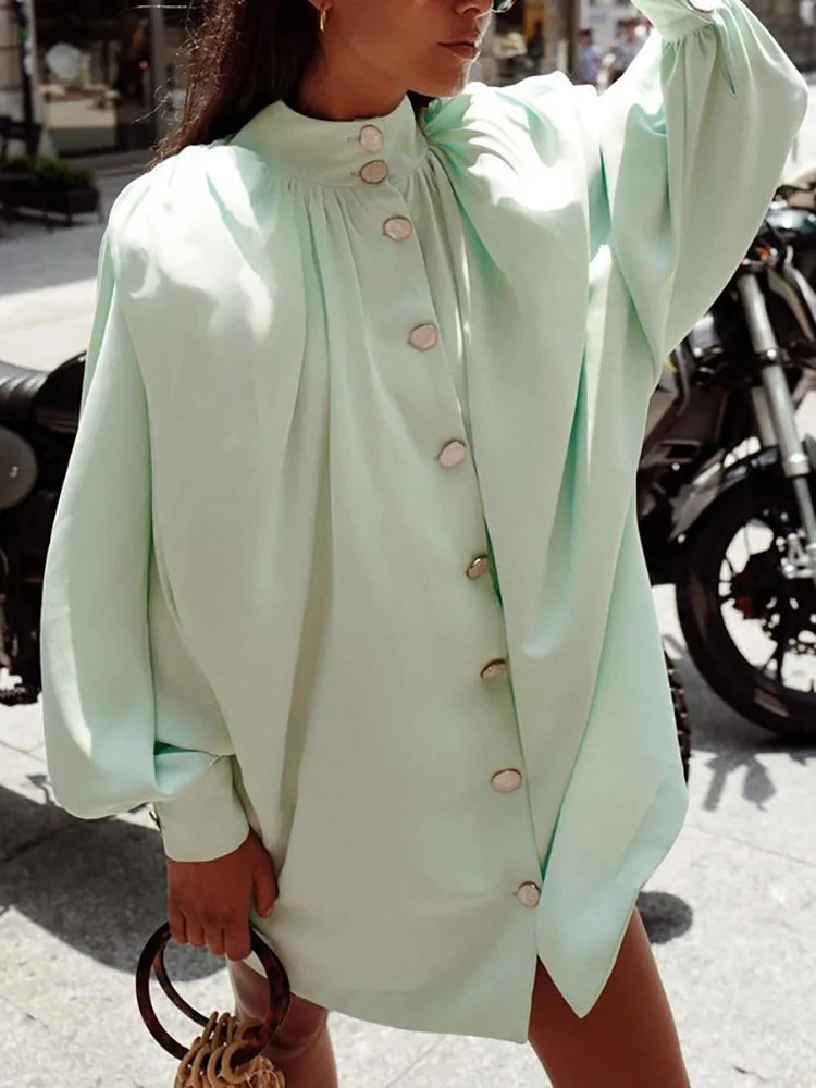 

Женское однотонное платье-Кардиган с длинным рукавом-фонариком и воротником-стойкой