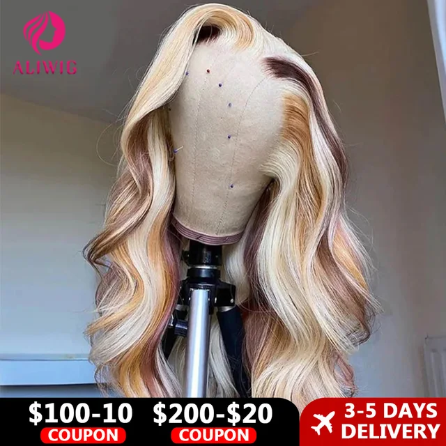 Perruques en cheveux humains Remy brésiliens blond miel 4/613, ondulées, 30-36 pouces, avec dentelle frontale 13x4 HD transparente pour femmes 1