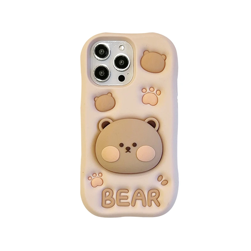 thumbnail image 1 of Encantadora funda de silicona con soporte oculto de oso 3D para iPhone, 11, 12, 13, 14, 15 Pro Max, XS, XR, X, 7, 8 Plus, 1 of 5