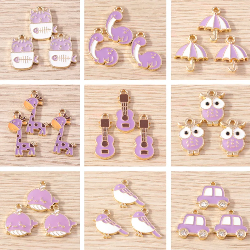 10 stücke Lila Farbe Nette Emaille Tier Eule Katze Vogel Charms Anhänger für Die DIY Ohrringe Halsketten Armbänder Schmuck Erkenntnisse – Detail 1