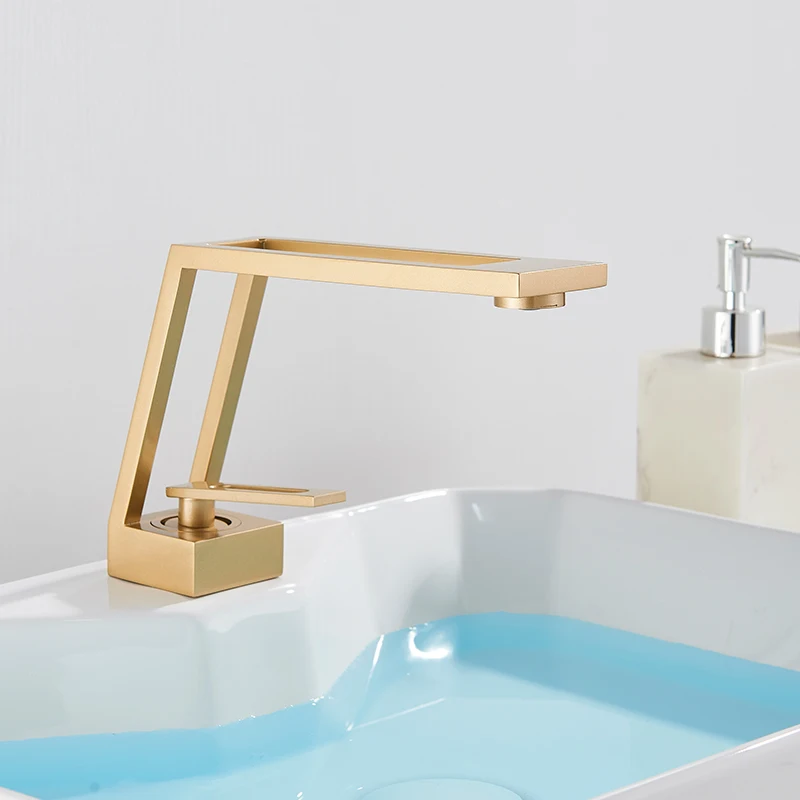 

Vidric Nordic Style Basin Faucet Square Hollow-Carved Design Brushed Gold Bathroom Sink Faucets Deck Mounted Cold Hot Mixer Ta