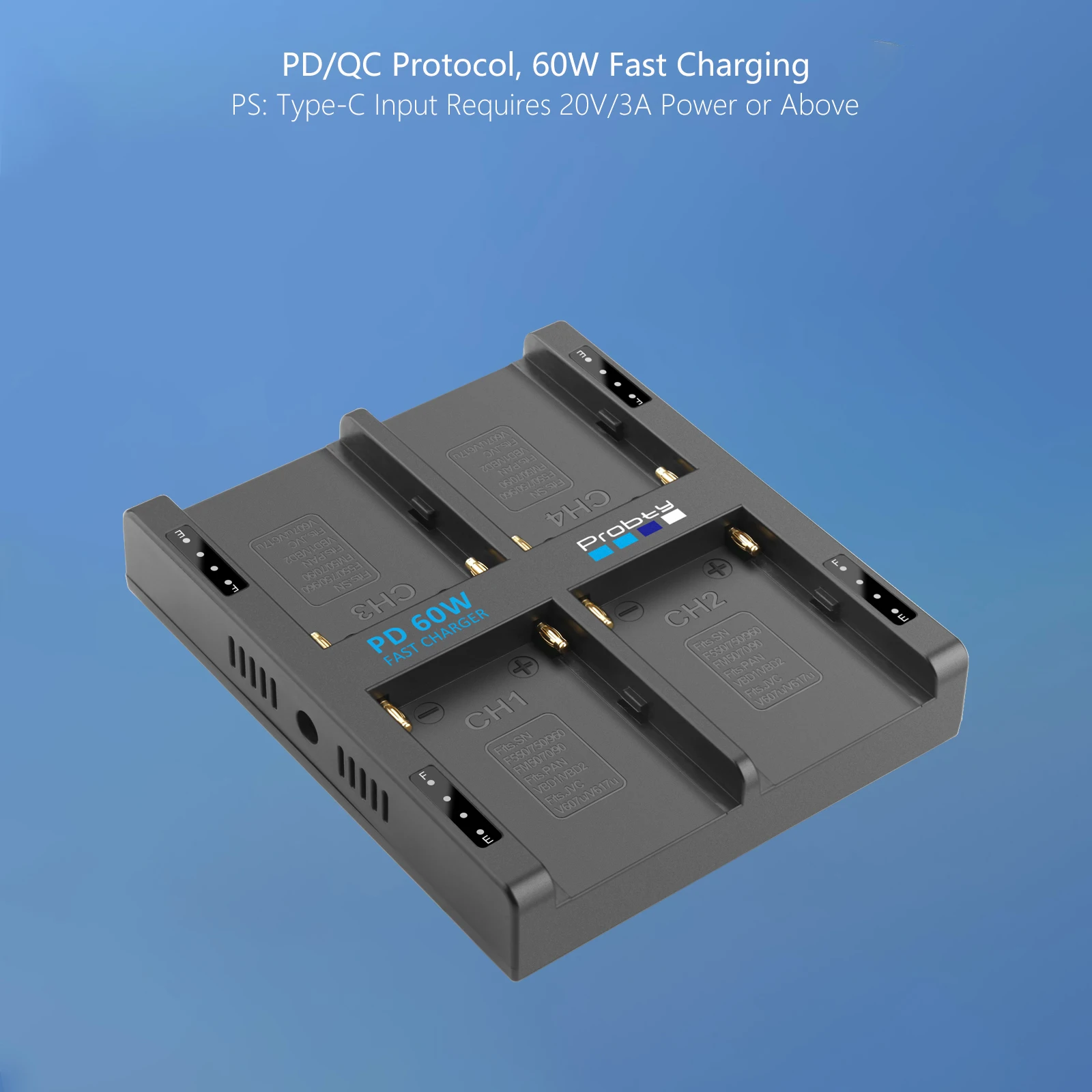 Probty 4-Kanal-NP-F-Akku-Schnellladegerät mit PD 67 W Netzstecker, für Sony NP-F550 F570 F750 F770 F930 F950 F960 F970 Akku – Detail 5