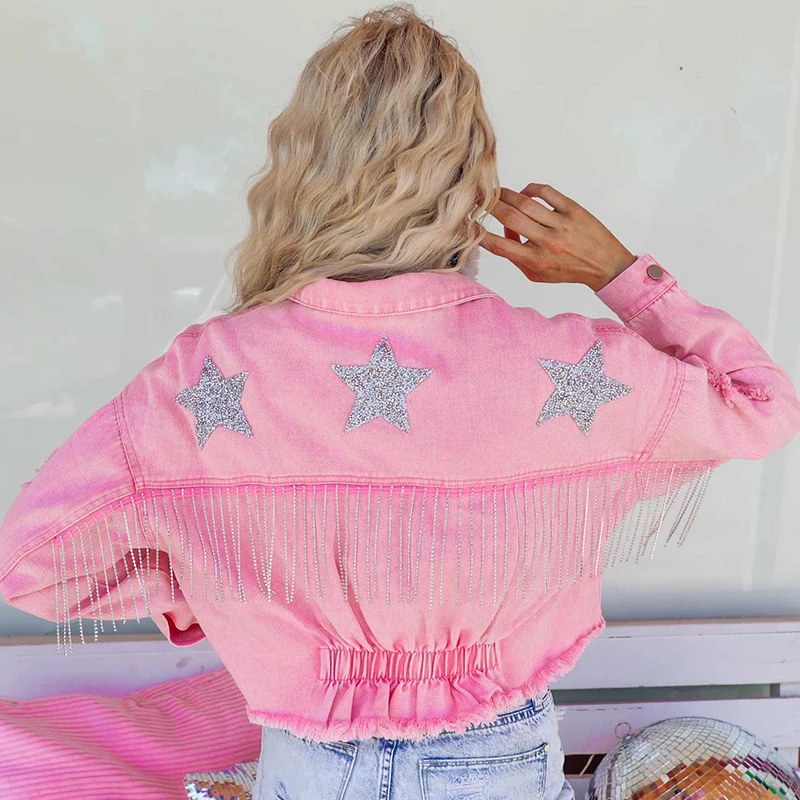 Fringed Jean Chic Coat Top Women's tassel raw edge denim jacket Casual Button-Up Five-Pointed Star Diamond Streetwear