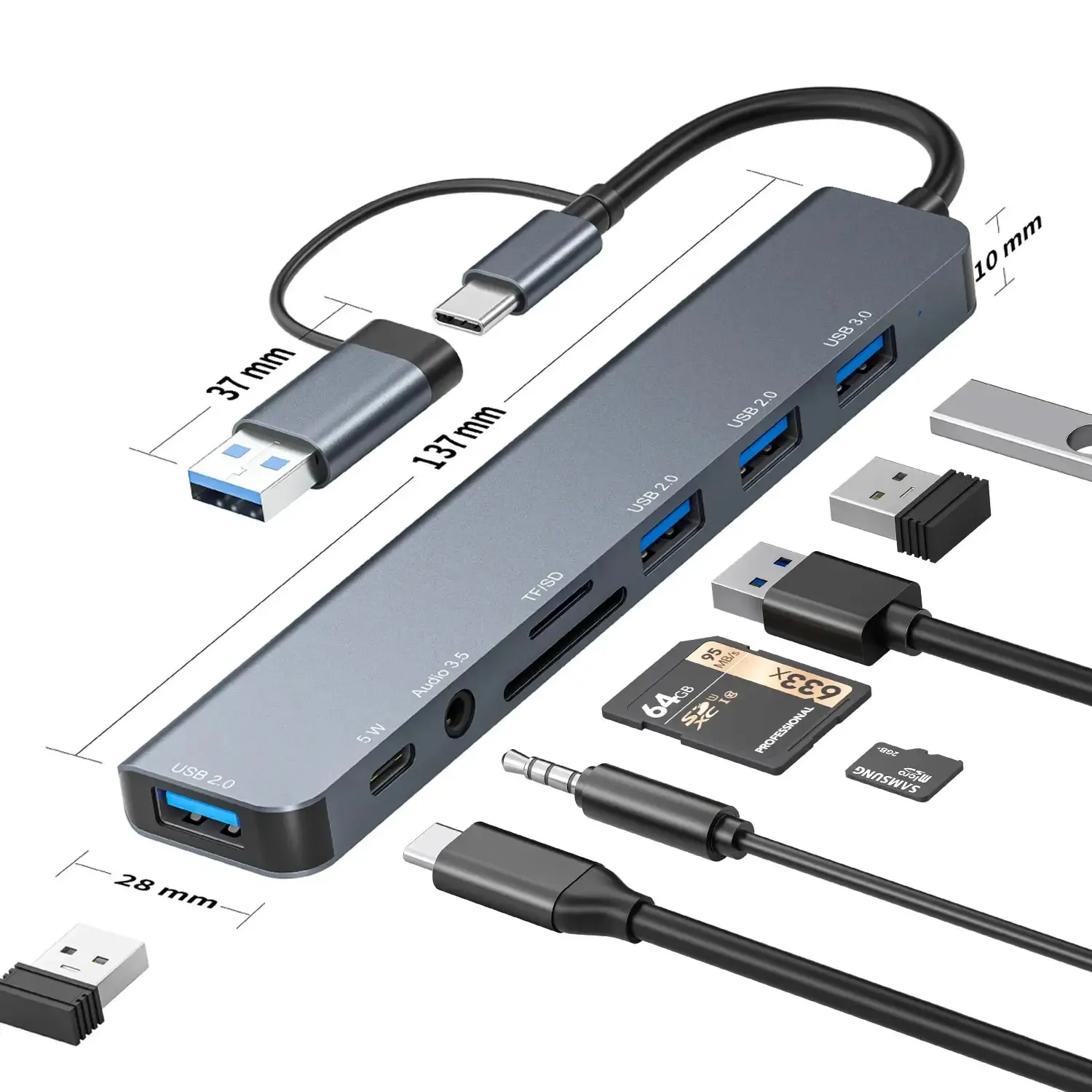 Aluminium USB Hub Airies USB 3.0 en aluminium 8 en 1 1 X USB 3.0 3 X 2.0 1 C lecteur de carte SD TF 3.5mm ports m.com