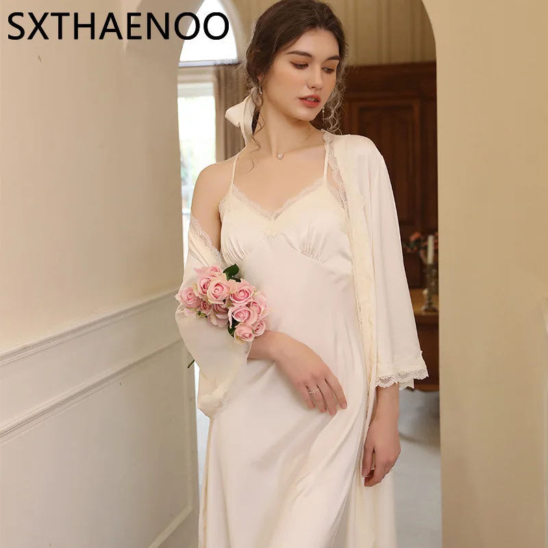 

SXTHAENOO 2023 Women Autumn Sexy Nightdress New Ice Silk Suspender Lace Pajamas Elegant Robe Suit Oversize Loose Long Nightgown