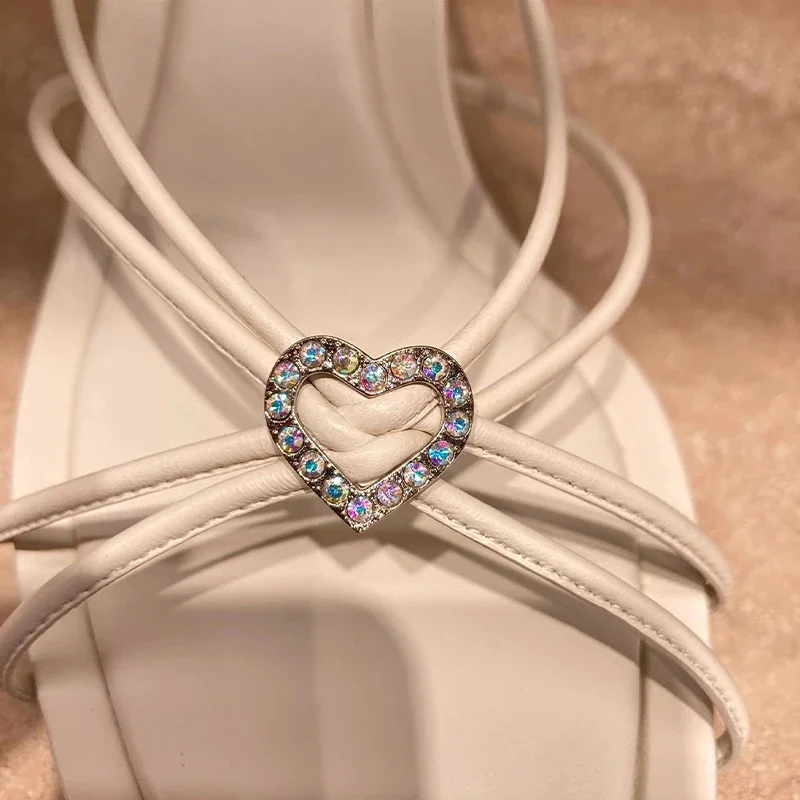 Heart shaped crystal embellished sugar pink sandals French square toe open toe slim heels with thin straps high heels